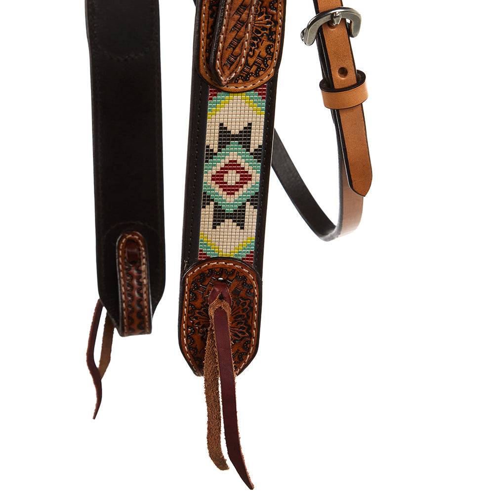 Turquoise And Rust Embossed Beadwork Browband Headstall