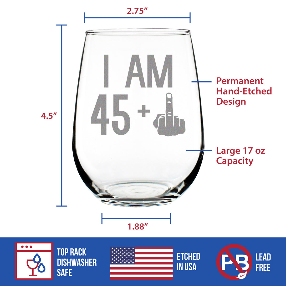 45 + 1 Middle Finger - 46th Birthday Stemless Wine Glass for Women & Men - Cute Funny Wine Gift Idea - Unique Personalized Bday Glasses for Mom, Dad, Friend Turning 46 - Drinking Party Decoration