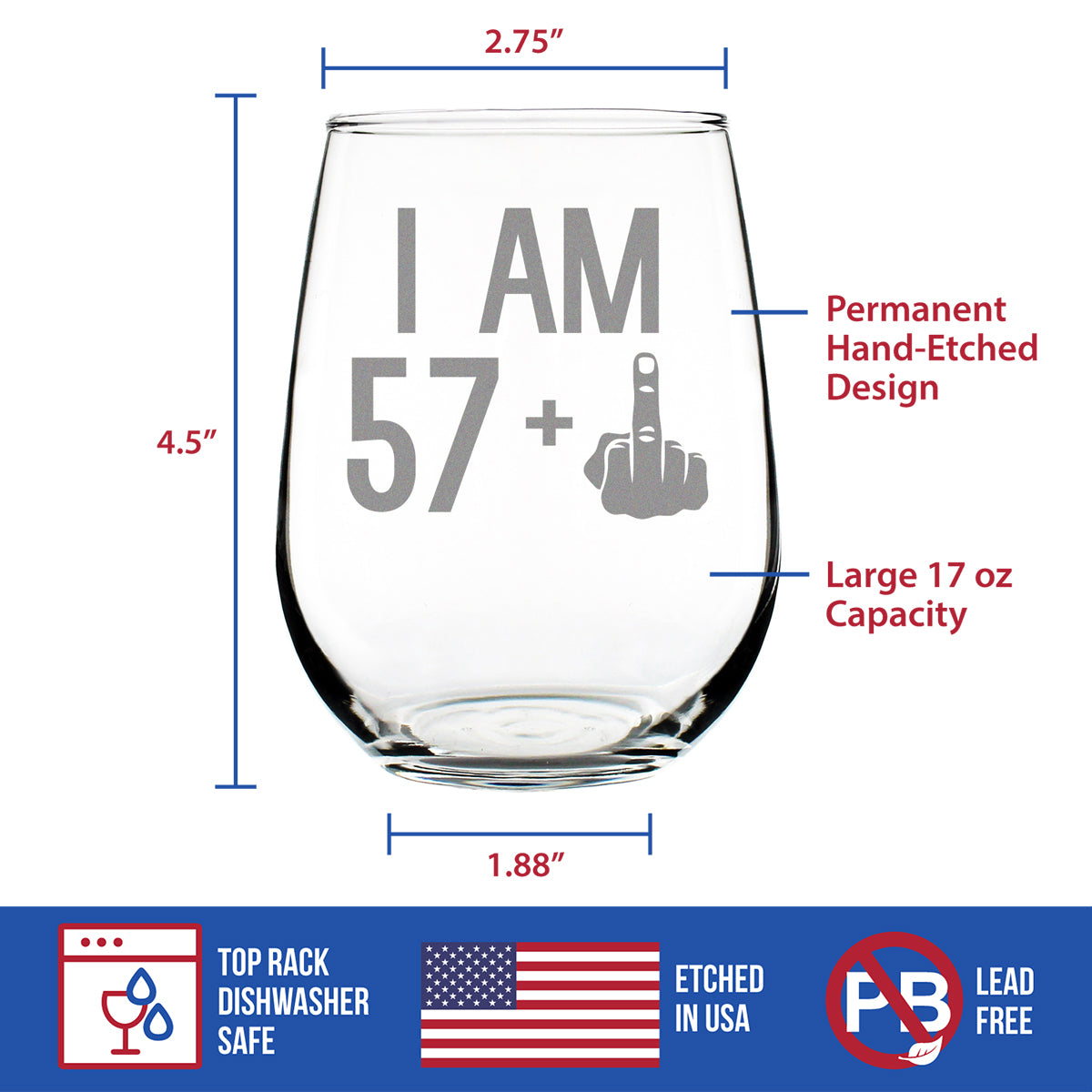 57 + 1 Middle Finger - 58th Birthday Stemless Wine Glass for Women & Men - Cute Funny Wine Gift Idea - Unique Personalized Bday Glasses for Best Friend Turning 58 - Drinking Party Decoration