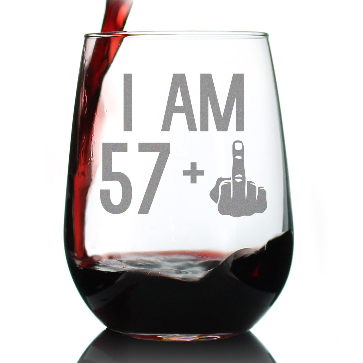 57 + 1 Middle Finger - 58th Birthday Stemless Wine Glass for Women & Men - Cute Funny Wine Gift Idea - Unique Personalized Bday Glasses for Best Friend Turning 58 - Drinking Party Decoration