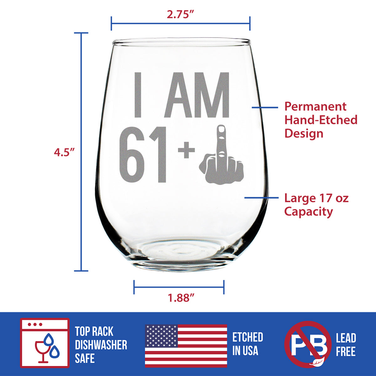 61 + 1 Middle Finger - 62nd Birthday Stemless Wine Glass for Women & Men - Cute Funny Wine Gift Idea - Unique Personalized Bday Glasses for Best Friend Turning 62 - Drinking Party Decoration