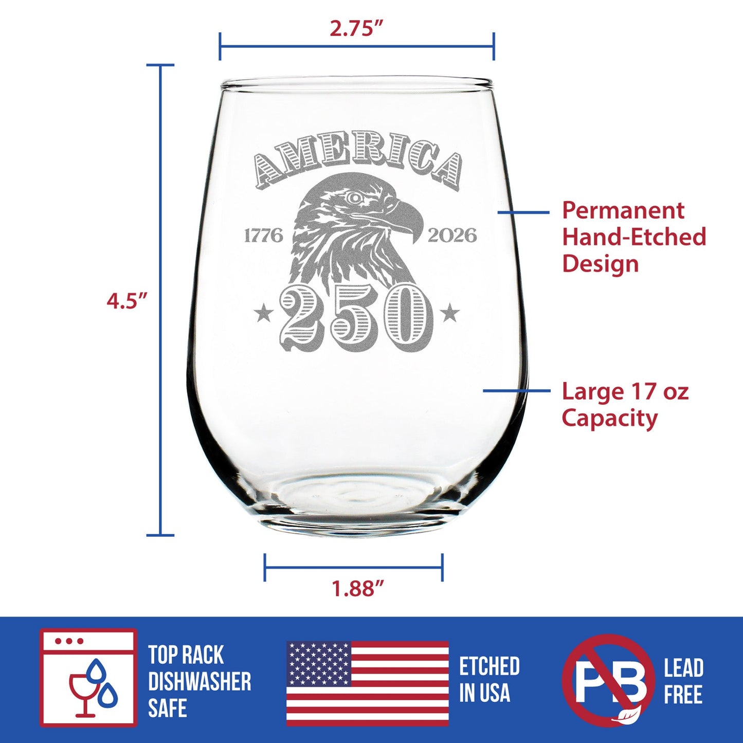 America's 250th Anniversary Engraved Stemless Wine Glass Celebrate America's Birth Large Wine Glasses - 17 oz