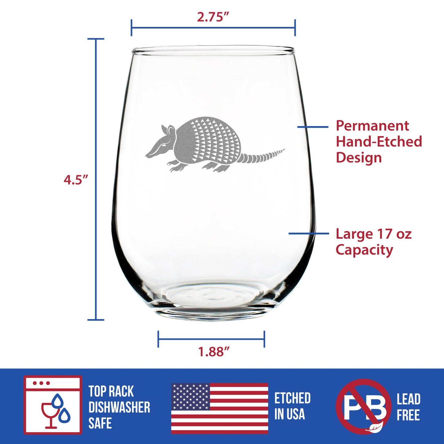 Armadillo Engraved Stemless Wine Glass Texas Gifts and Souvenirs Large Wine Glasses - 17 oz