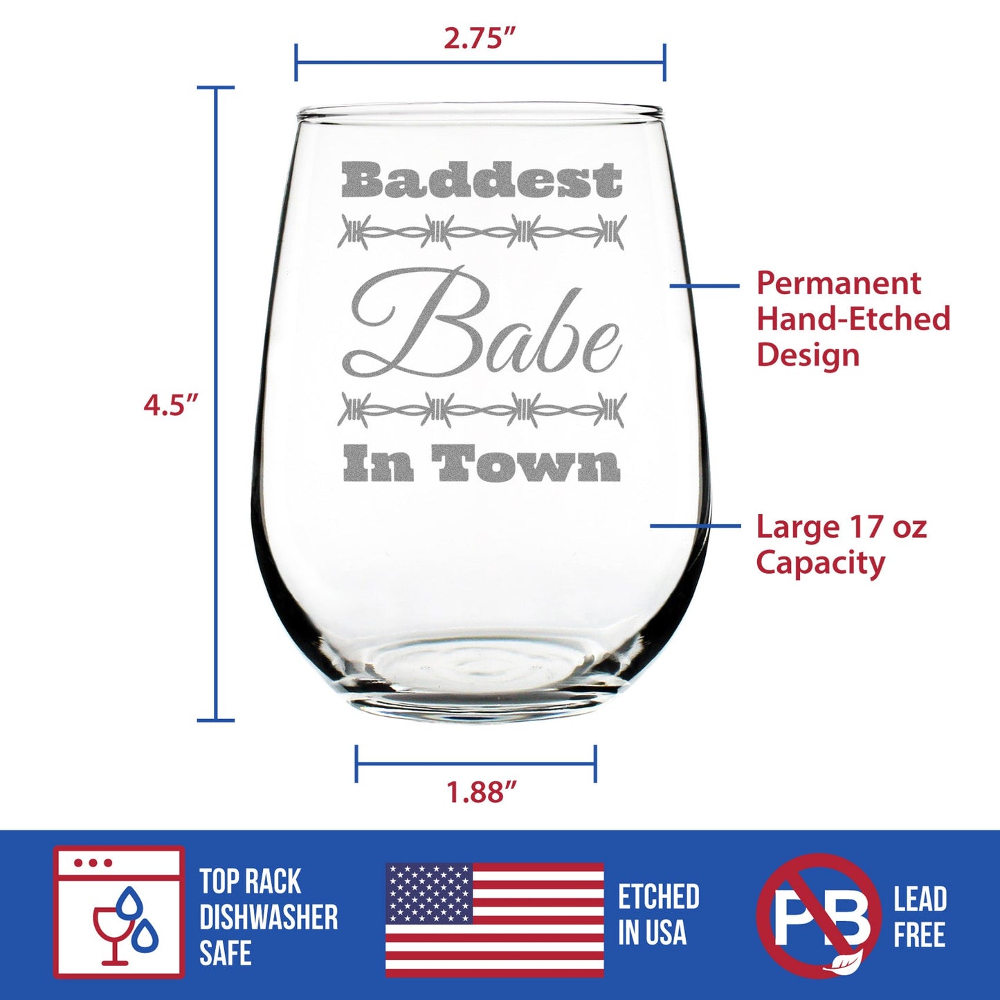 Baddest Babe in Town Engraved Stemless Wine Glass Gifts Gifts for Women with Attitude Large Wine Glasses - 17 oz