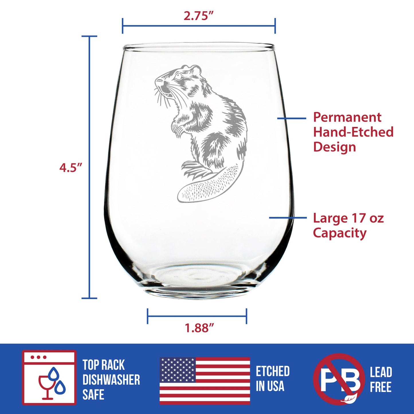 Beaver Engraved Stemless Wine Glass Beaver Gifts and Rustic Cabin Home Decor Large Wine Glasses - 17 oz