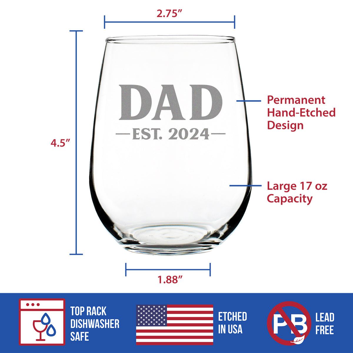 Dad Est 2024 - New Father Stemless Wine Glass Gift for First Time Parents - Bold 17 Oz Large Glasses