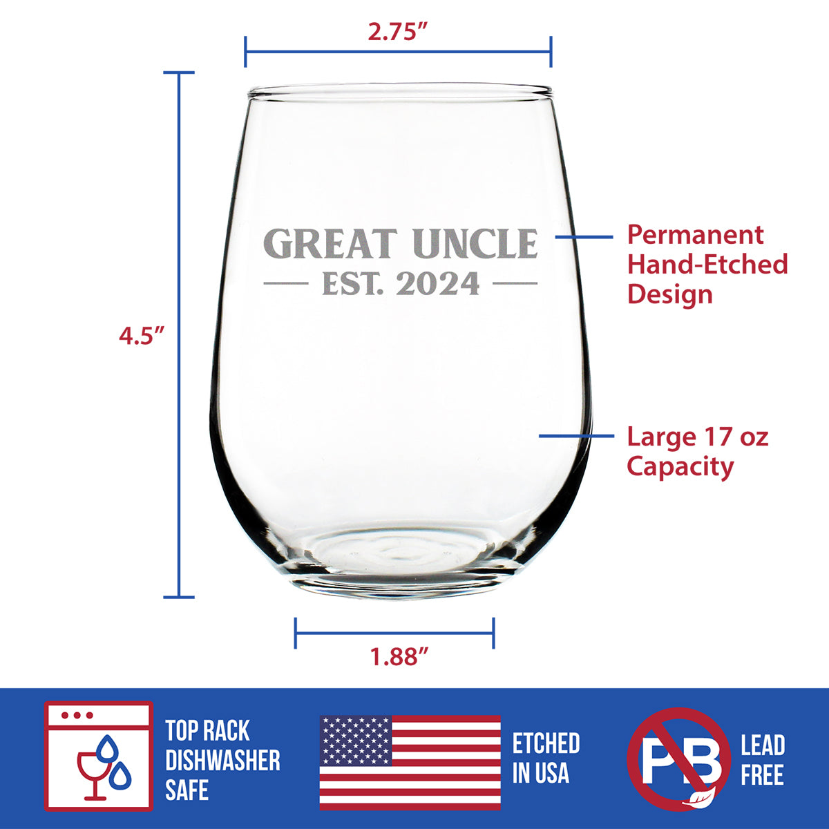 Great Uncle Est 2024 - Stemless Wine Glass Gift for First Time Great Uncles - Bold 17 Oz Large Glasses