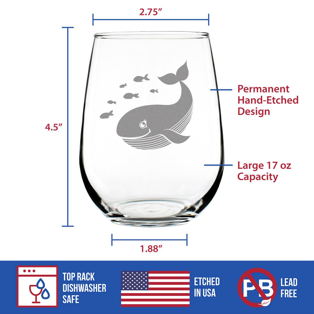 Cute Whale Stemless Wine Glass - Beach Themed Decor and Gifts for Whale Lovers - Large 17 Oz Glasses