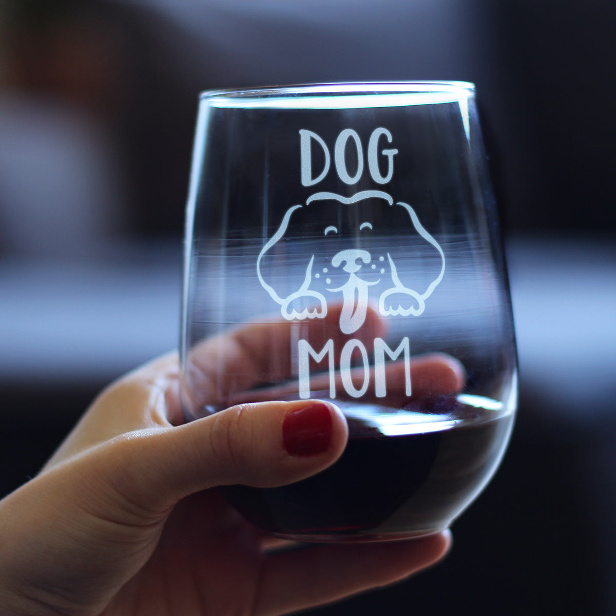 Dog Mom - Stemless Wine Glass - Cute Dog Lover Gifts for Women - Large 17 Ounce
