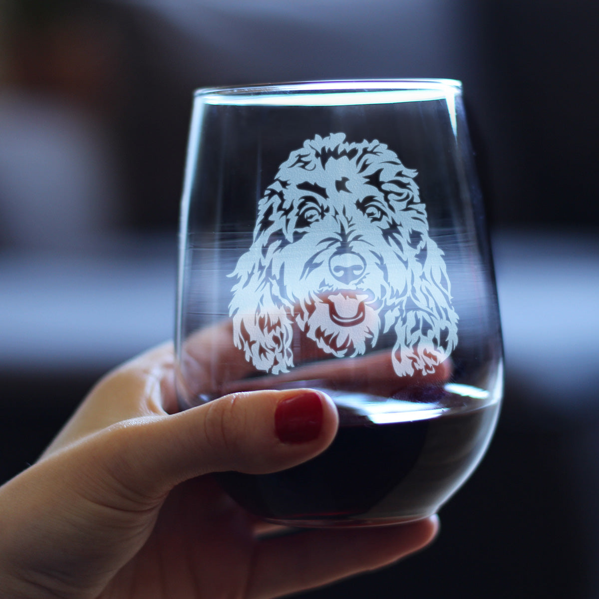 Golden Doodle Face - Stemless Wine Glass - Goldendoodle Gifts for Women & Men - Large 17 Ounce Glasses