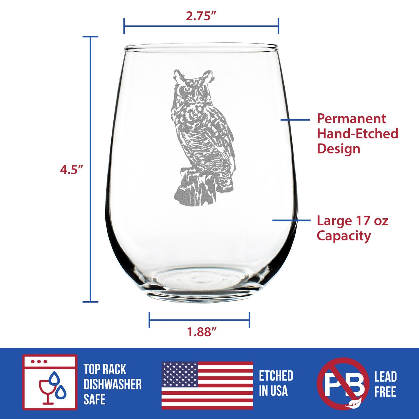Great Horned Owl Engraved Stemless Wine Glass Owl Decor and Bird Lover Gifts Large Wine Glasses - 17 oz
