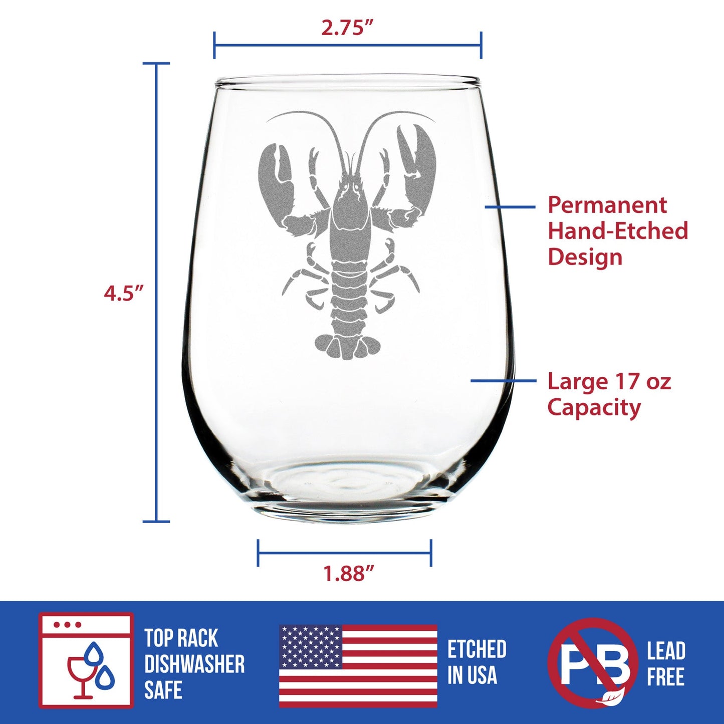 Lobster Engraved Stemless Wine Glass Lobster Gifts, Maine Souvenirs and Decor Large Wine Glasses - 17 oz