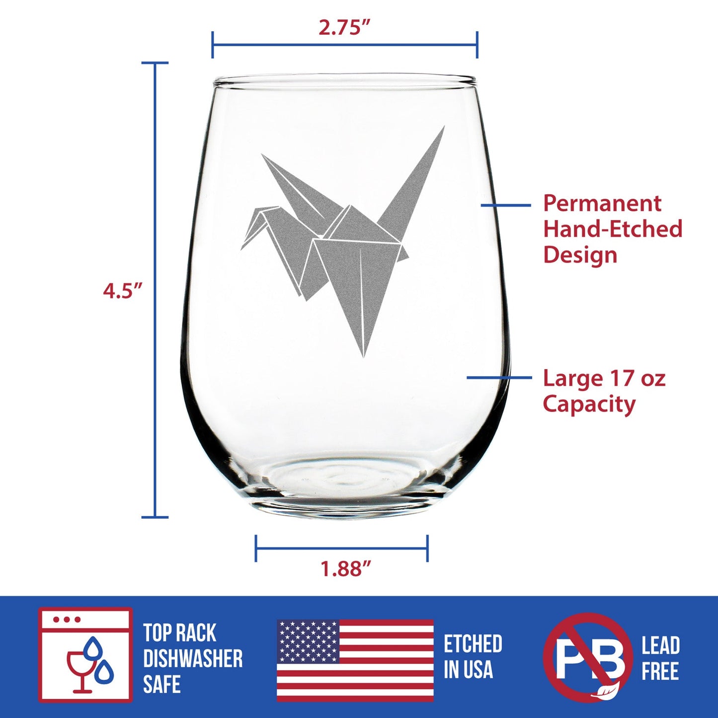 Paper Crane Engraved Stemless Wine Glass Japanese Decor and Gifts Large Wine Glasses - 17 oz