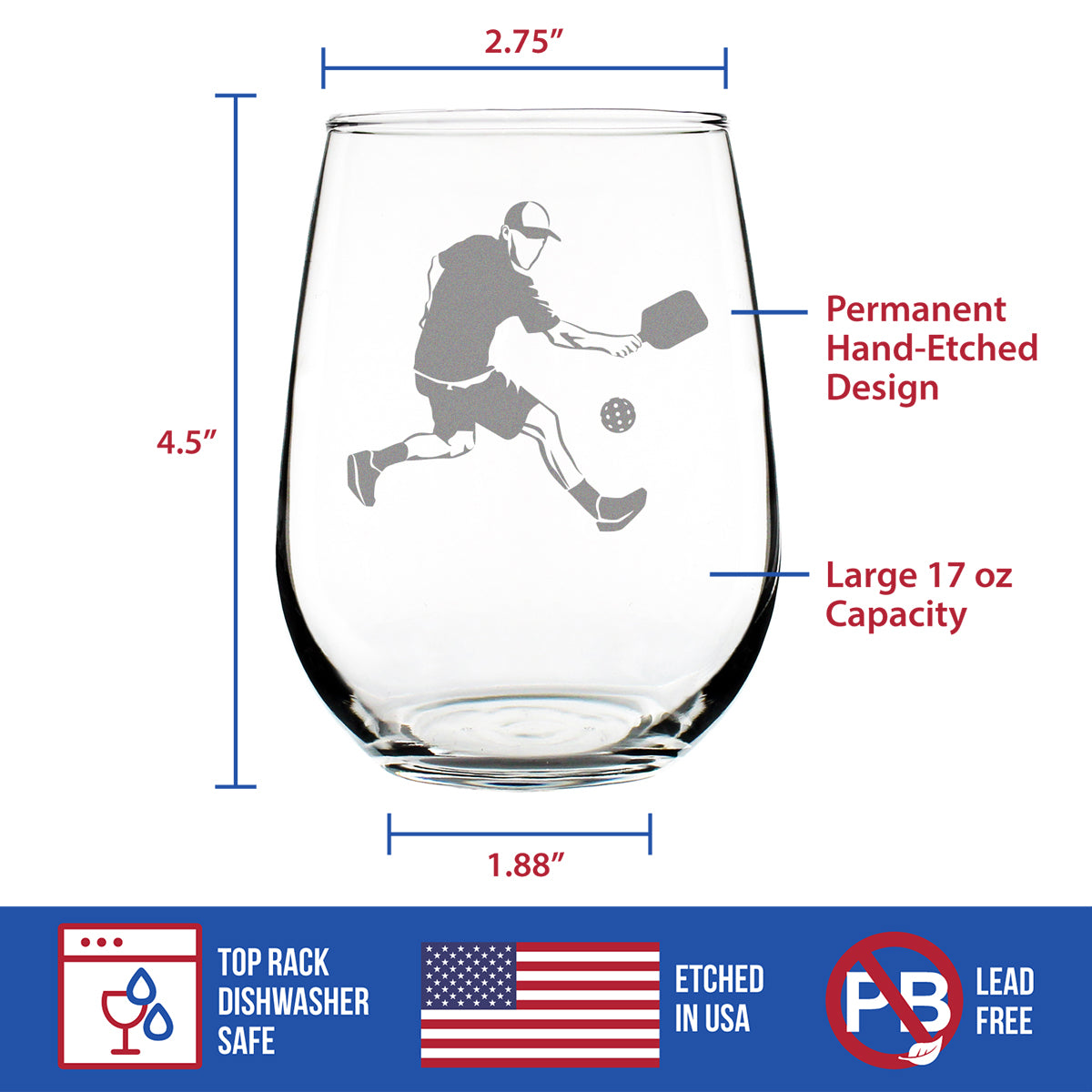 Pickleball Player Man Stemless Wine Glass - Pickleball Gifts and Decor for Men - Large 17 Oz Glasses