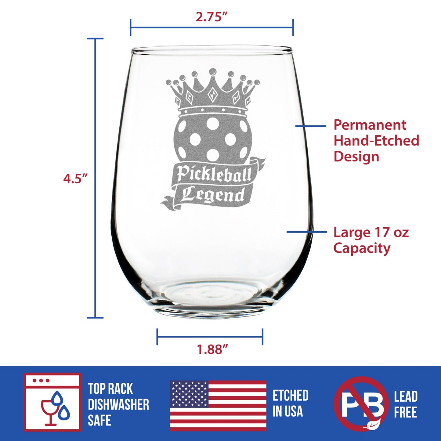Pickleball Legend Engraved Stemless Wine Glass Gifts for Picklers Large Wine Glasses - 17 oz