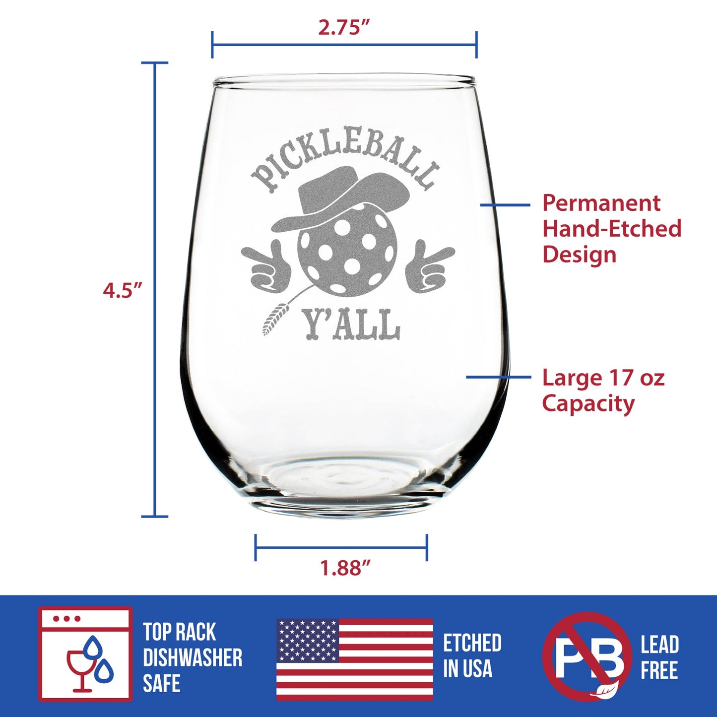 Pickleball Y'all Engraved Stemless Wine Glass Gifts Funny Pickleball Gifts Large Wine Glasses - 17 oz
