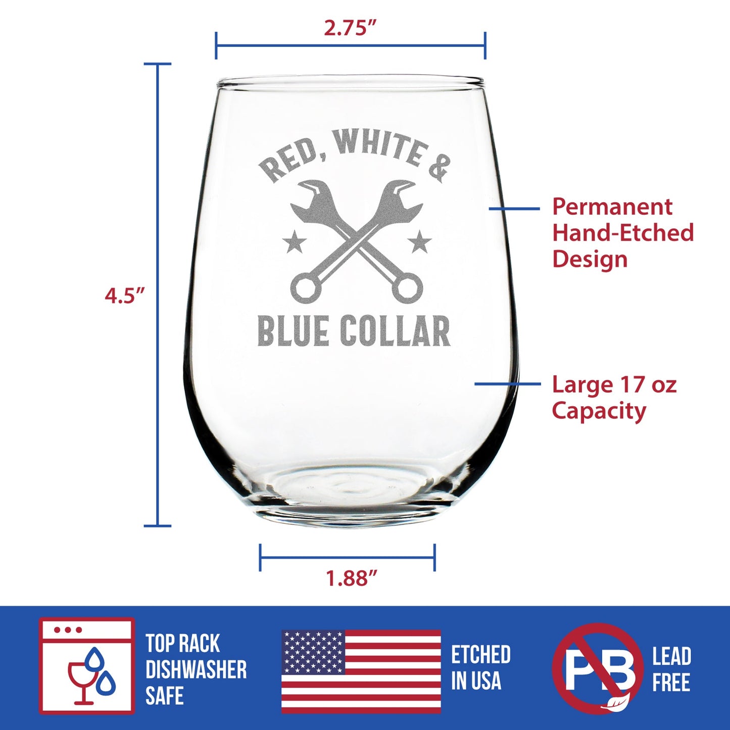 Red White & Blue Collar Engraved Stemless Wine Glass Gifts Gifts for Tradesmen, Manual Labor Workers Large Wine Glasses - 17 oz
