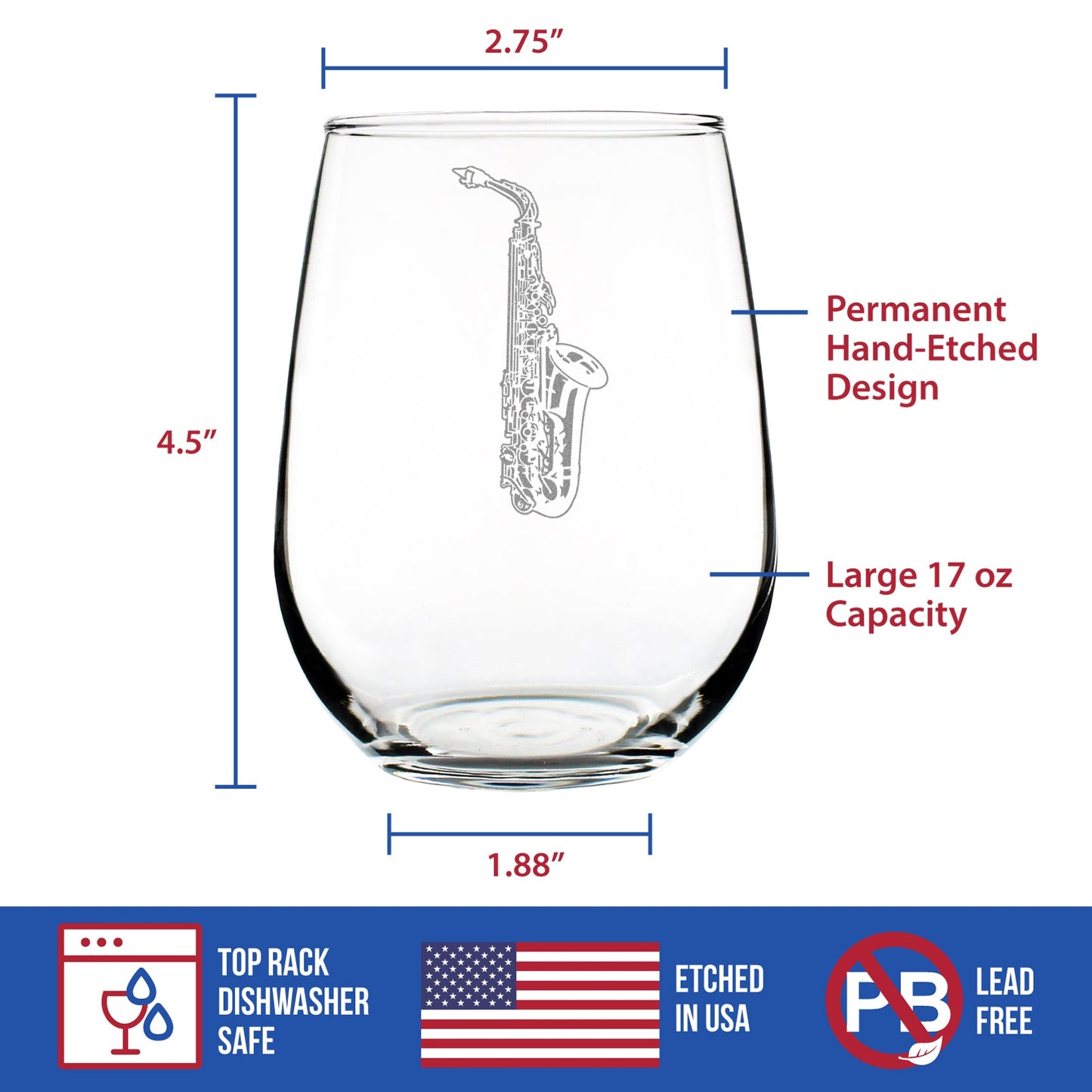 Saxophone Engraved Stemless Wine Glass Gifts for Musicians Large Wine Glasses - 17 oz