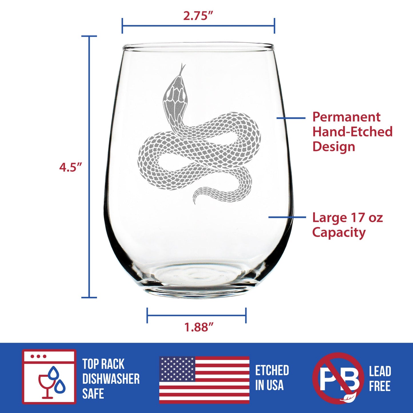 Snake Engraved Stemless Wine Glass Reptile Decor and Gifts for Snake Lovers Large Wine Glasses - 17 oz
