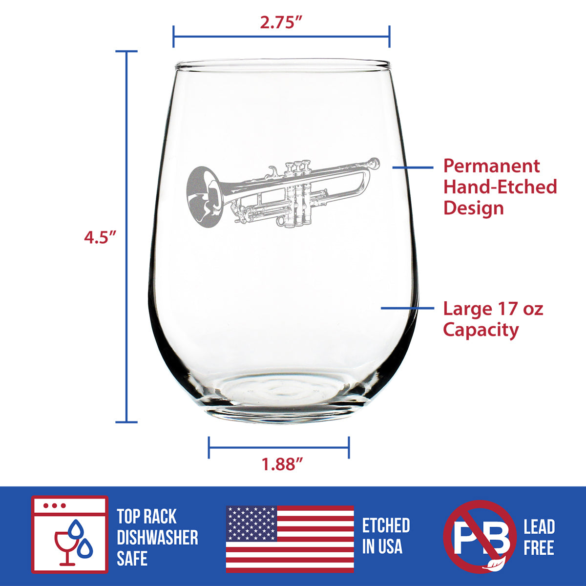 Trumpet Stemless Wine Glass - Music Gifts for Trumpet Players, Teachers and Musical Accessories for Musicians that Play Trumpets - Large 17 Oz Glasses