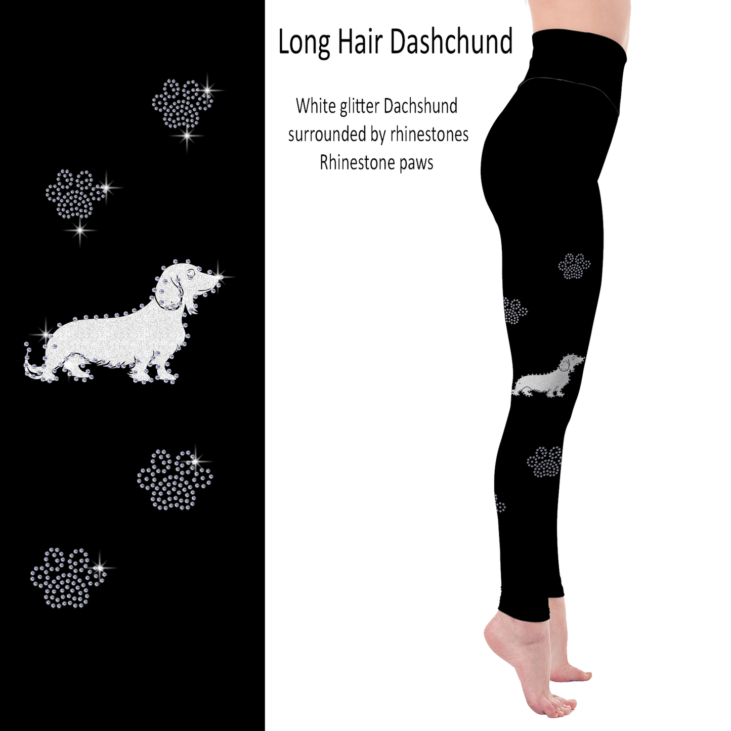 Long Haired Dachshund Rhinestone Leggings with Pockets - White or Black Glitter