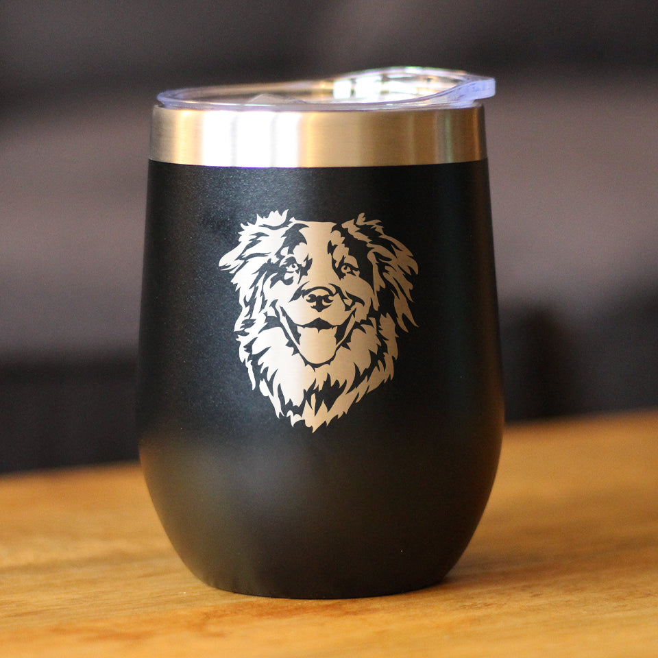 Australian Shepherd Face - Wine Tumbler Glass with Sliding Lid - Stainless Steel Insulated Mug - Unique Dog Gifts for Moms & Dads of Aussies