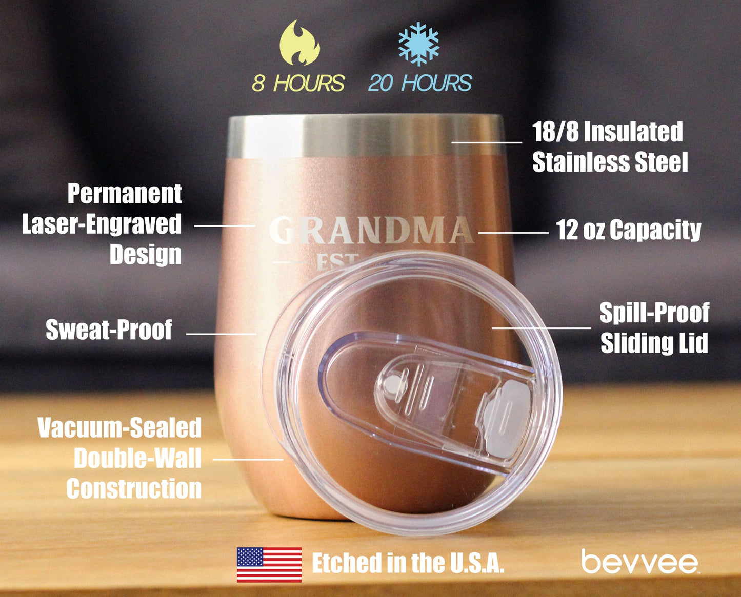 Grandma Est 2021 - Wine Tumbler with Sliding Lid - Stemless Stainless Steel Insulated Mug - Bold Outdoor Camping Gift