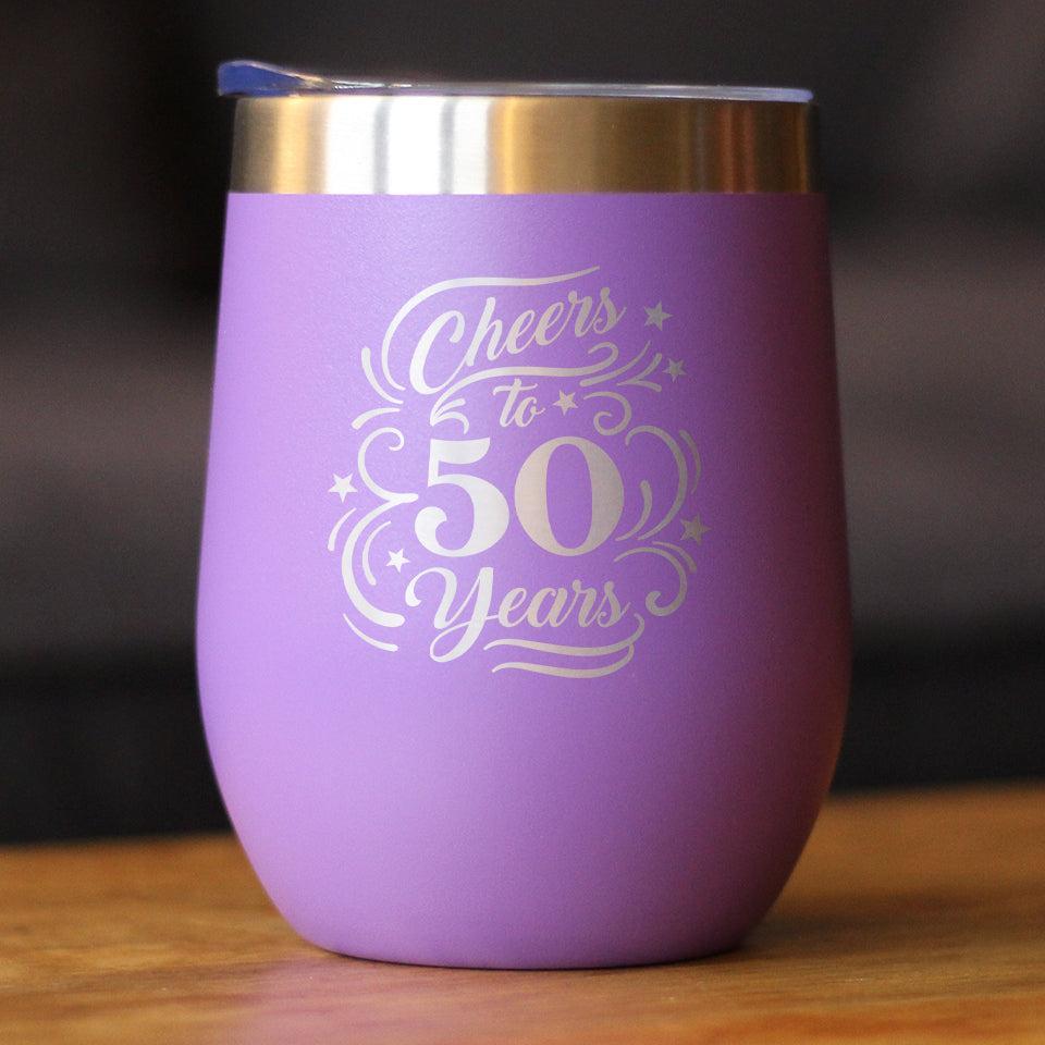Cheers to 50 Years - Wine Tumbler Glass with Sliding Lid - Stainless Steel Insulated Mug - 50th Anniversary Gifts and Party Decor