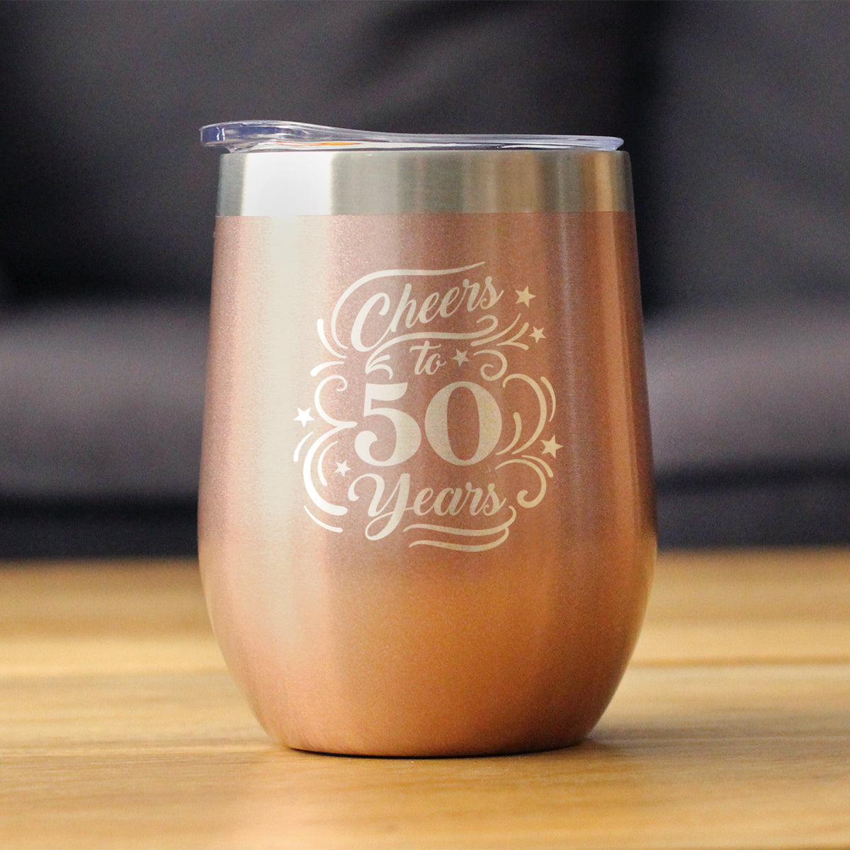 Cheers to 50 Years - Wine Tumbler Glass with Sliding Lid - Stainless Steel Insulated Mug - 50th Anniversary Gifts and Party Decor