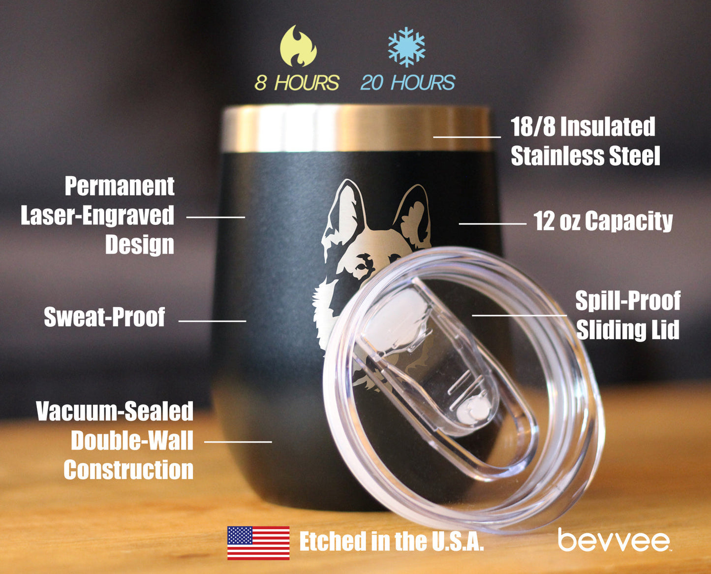 German Shepherd - Wine Tumbler with Sliding Lid - Stemless Stainless Steel Insulated Cup - German Shepherds Outdoor Camping Mug