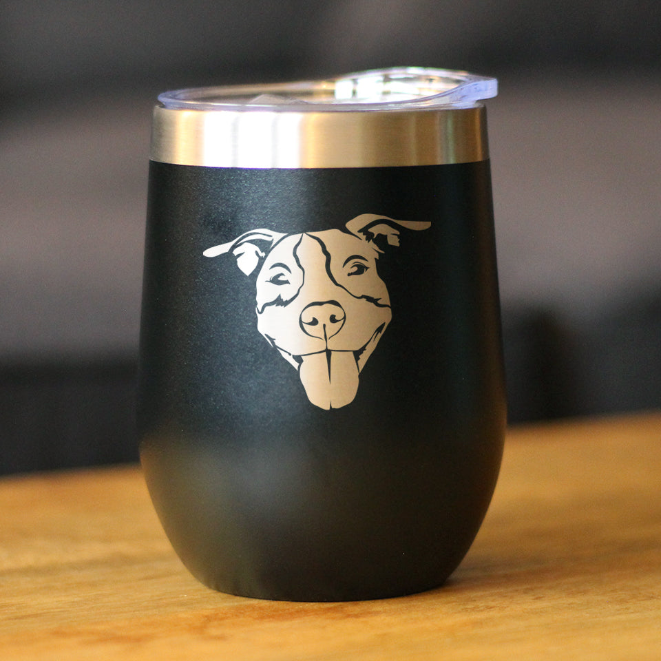 Happy Pitbull - Wine Tumbler Glass with Sliding Lid - Stainless Steel Insulated Mug - Cute Pitbull Themed Dog Gifts and Party Decor for Women and Men