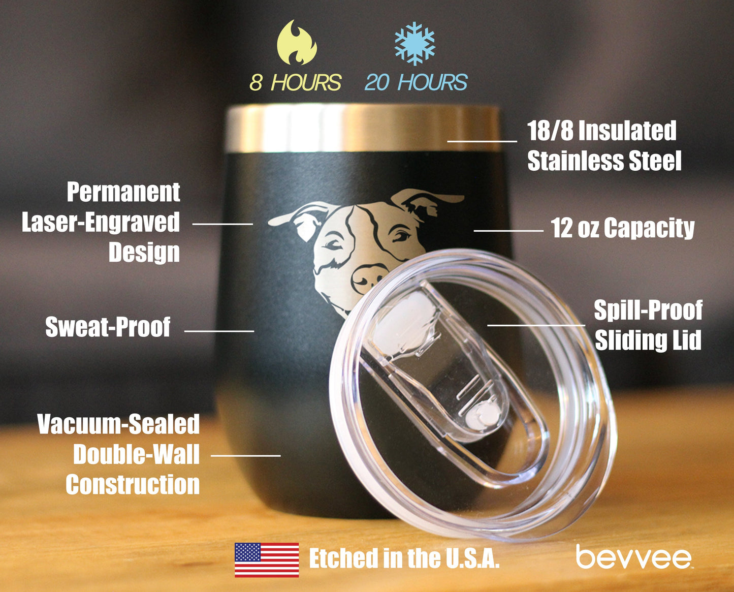 Happy Pitbull - Wine Tumbler Glass with Sliding Lid - Stainless Steel Insulated Mug - Cute Pitbull Themed Dog Gifts and Party Decor for Women and Men