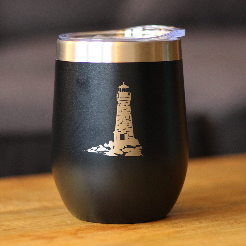 Lighthouse - Wine Tumbler Glass with Sliding Lid - Stainless Steel Travel Mug - Beach Gifts and Decor for Women and Men