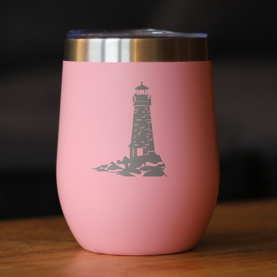 Lighthouse - Wine Tumbler Glass with Sliding Lid - Stainless Steel Travel Mug - Beach Gifts and Decor for Women and Men