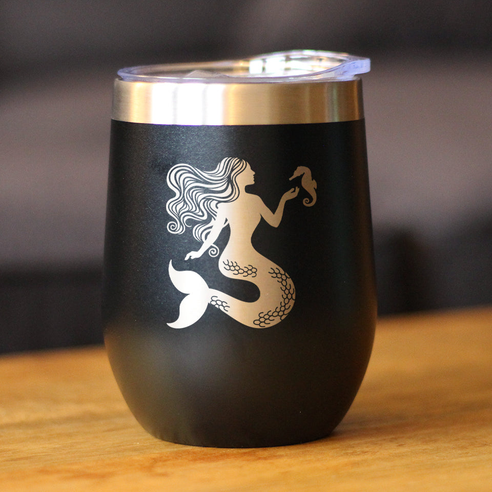 Mermaid - Wine Tumbler Glass with Sliding Lid - Stainless Steel Travel Mug - Cute Mermaid Gifts for Women