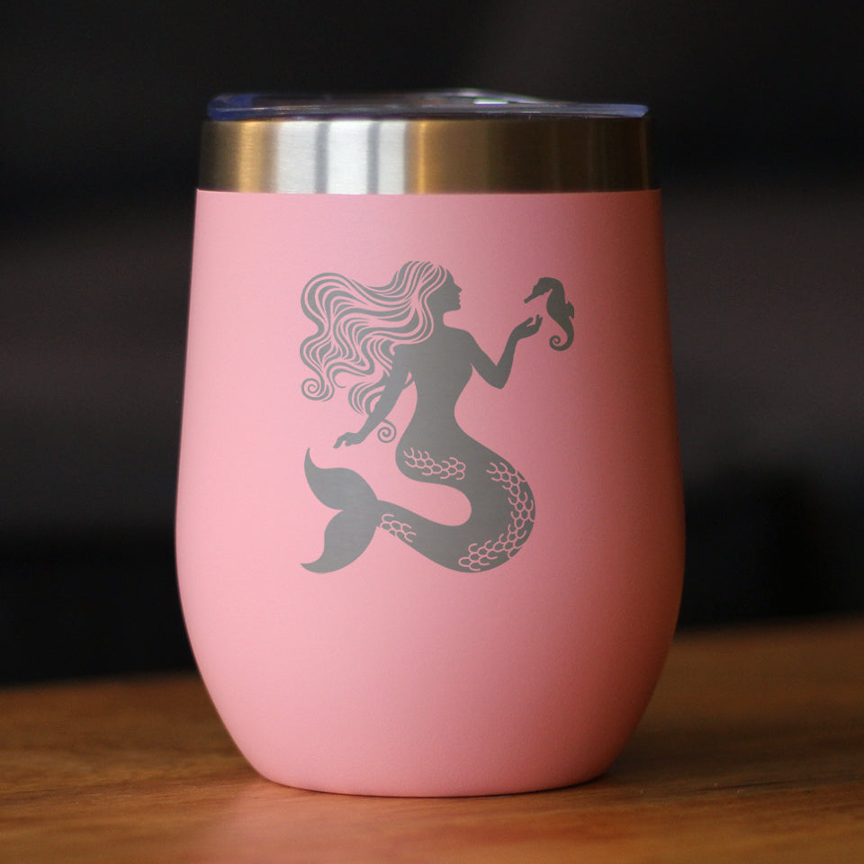 Mermaid - Wine Tumbler Glass with Sliding Lid - Stainless Steel Travel Mug - Cute Mermaid Gifts for Women