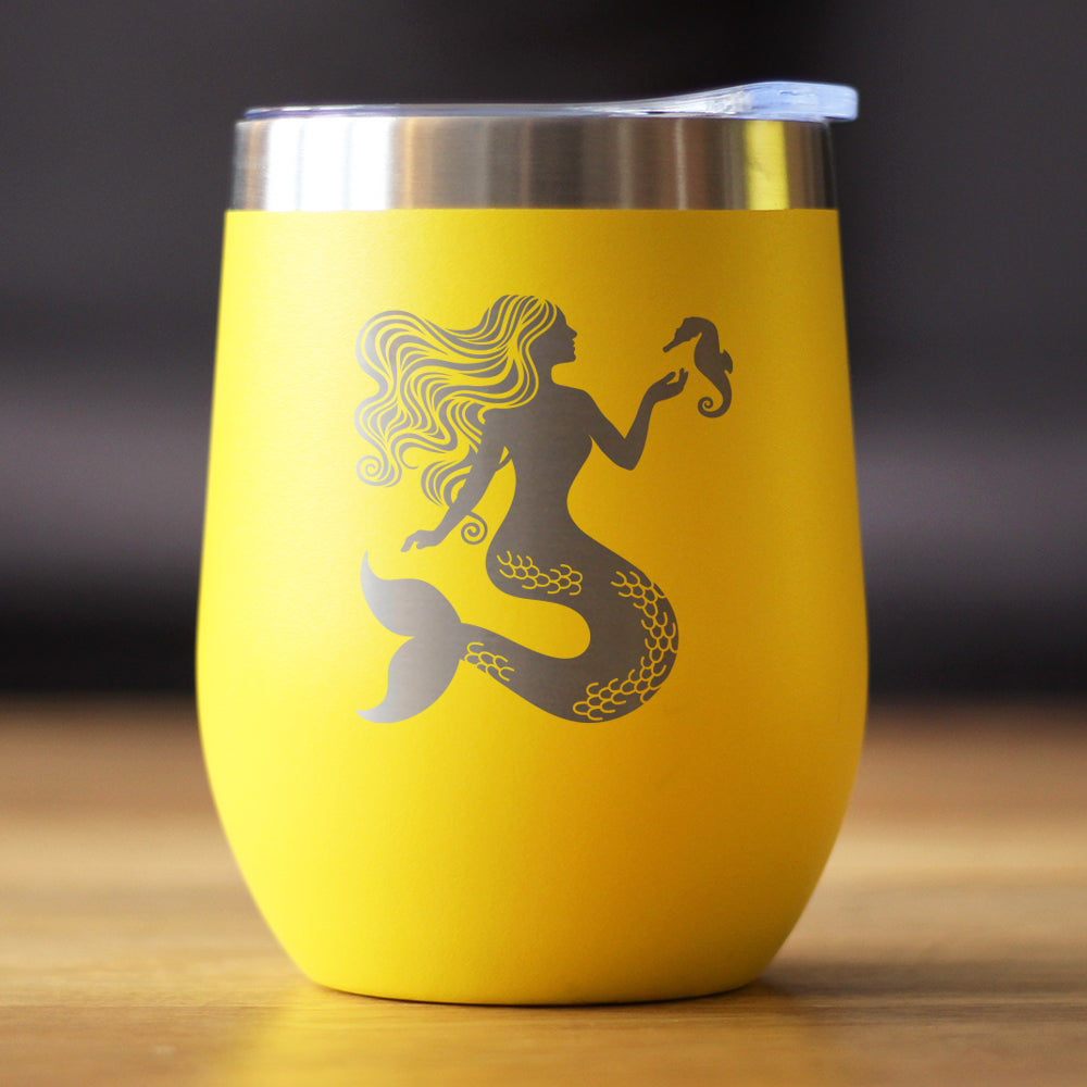 Mermaid - Wine Tumbler Glass with Sliding Lid - Stainless Steel Travel Mug - Cute Mermaid Gifts for Women