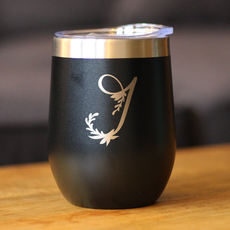 Monogram Floral Initial Letter J - Wine Tumbler