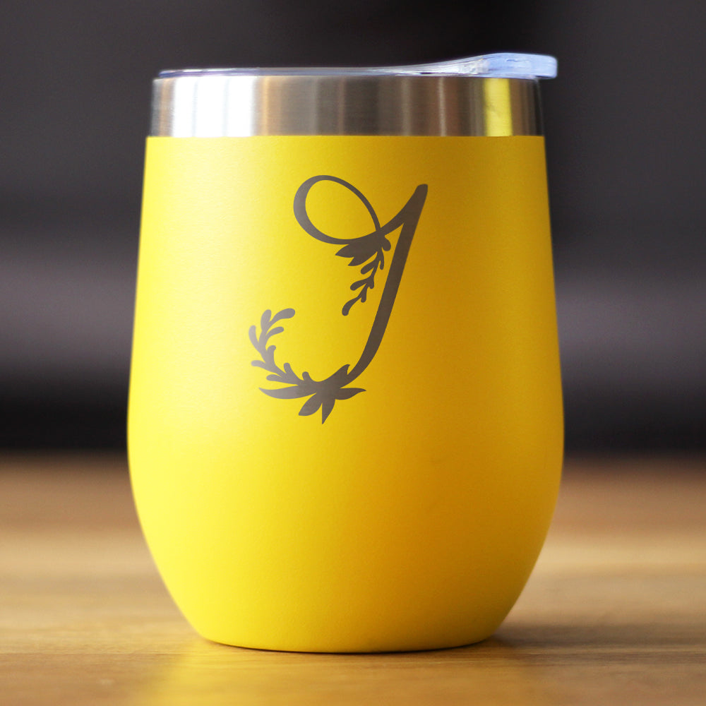 Monogram Floral Initial Letter J - Wine Tumbler