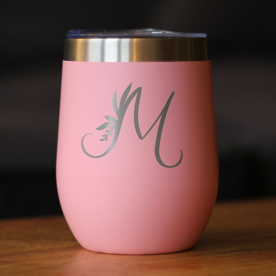 Monogram Floral Initial Letter M - Wine Tumbler