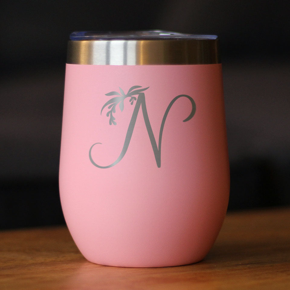 Monogram Floral Initial Letter N - Wine Tumbler