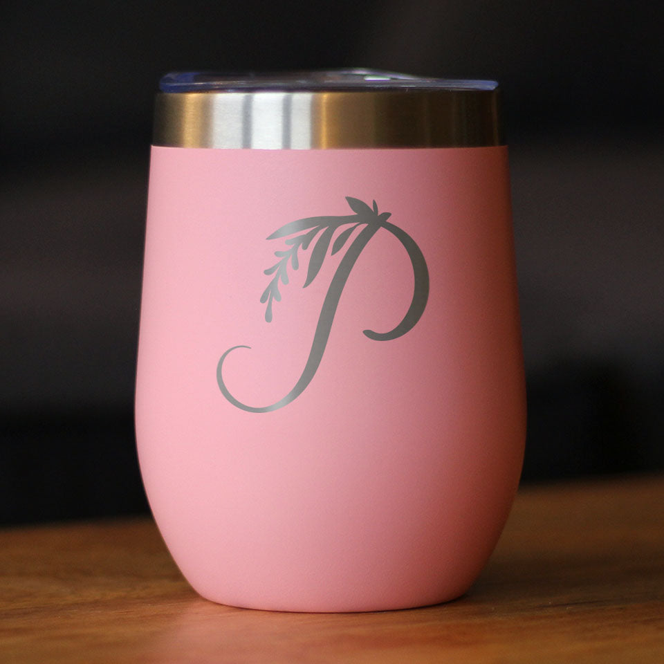 Monogram Floral Initial Letter P - Wine Tumbler