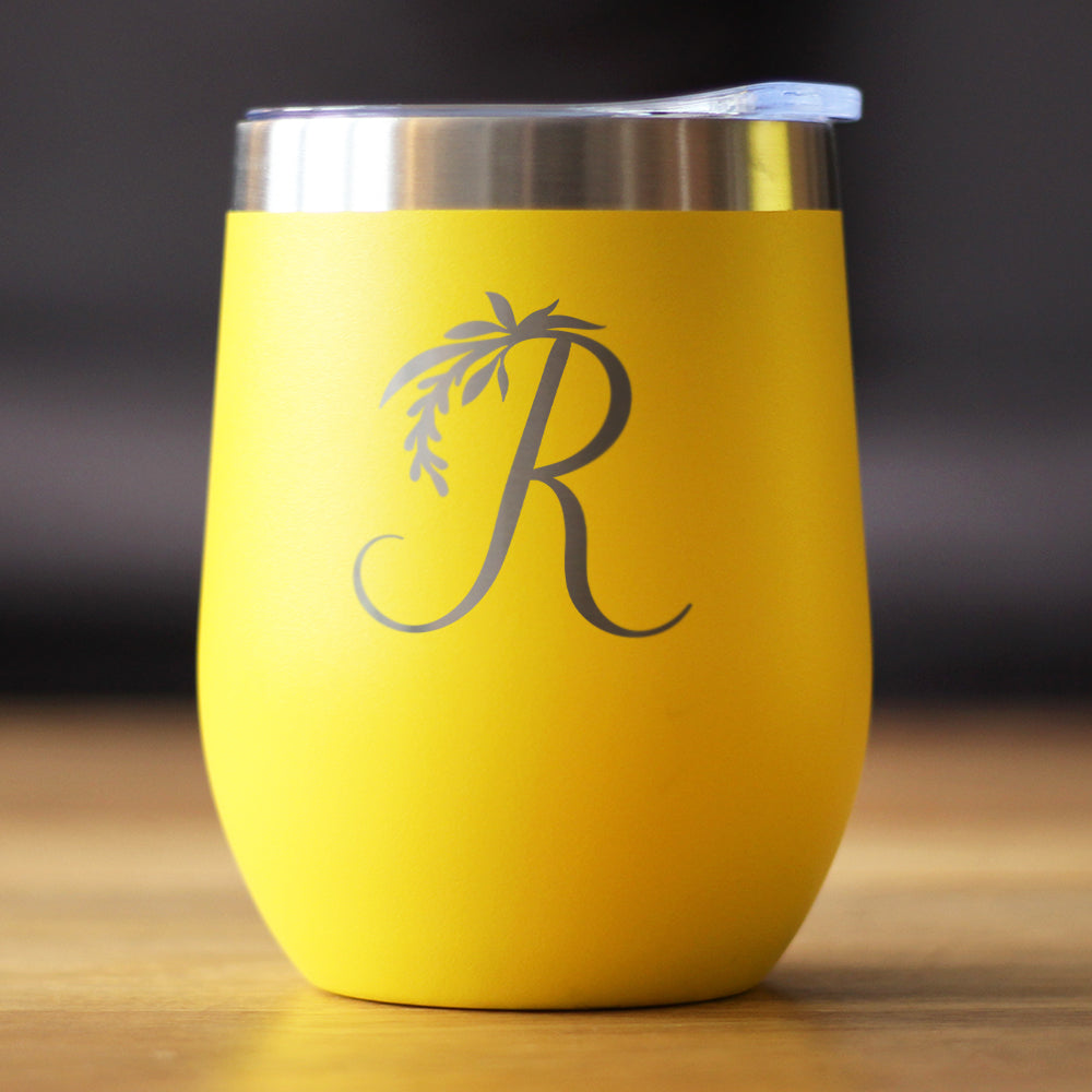 Monogram Floral Initial Letter R - Wine Tumbler