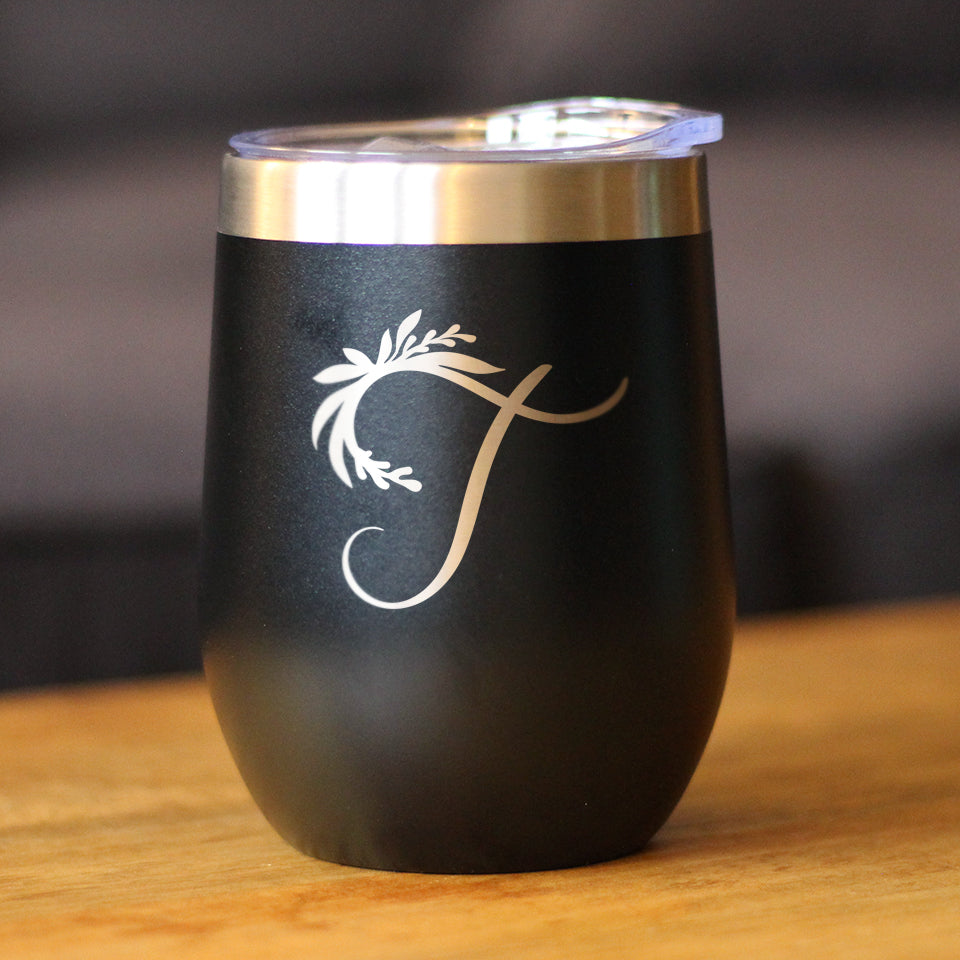 Monogram Floral Initial Letter T - Wine Tumbler