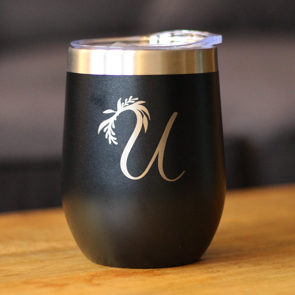 Monogram Floral Initial Letter U - Wine Tumbler