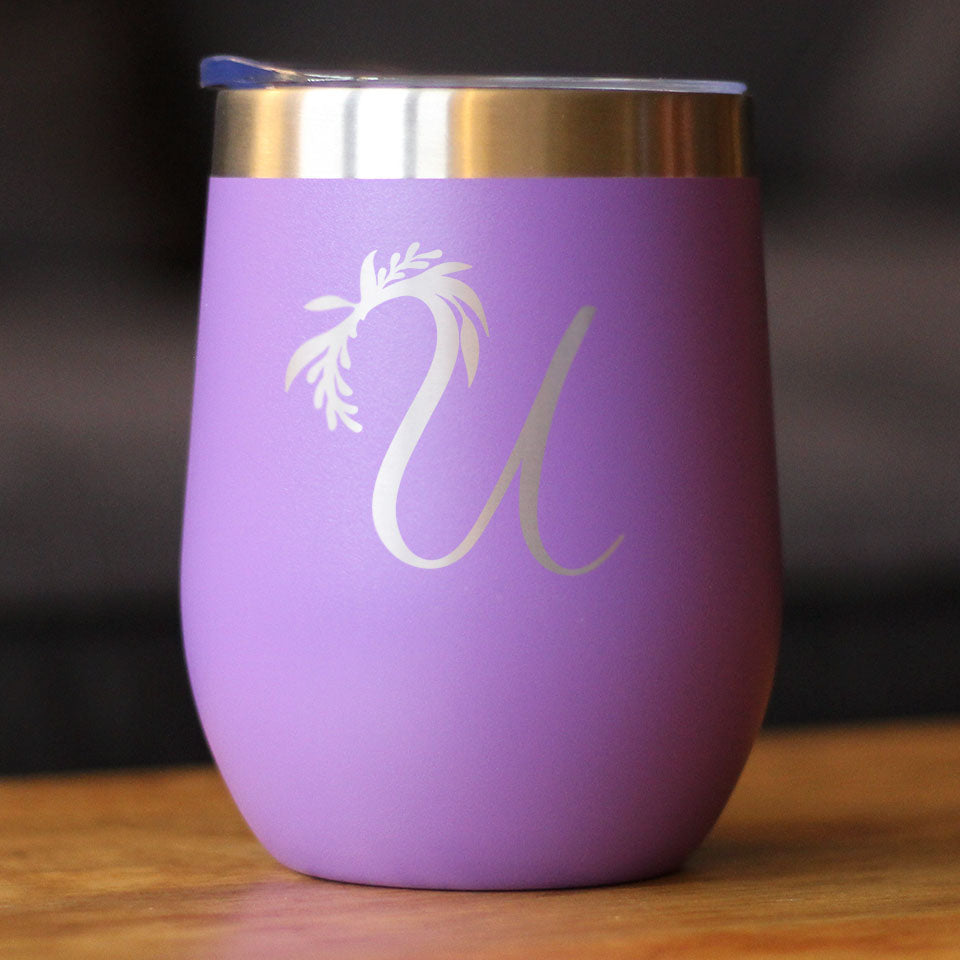 Monogram Floral Initial Letter U - Wine Tumbler
