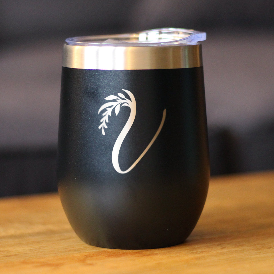 Monogram Floral Initial Letter V - Wine Tumbler