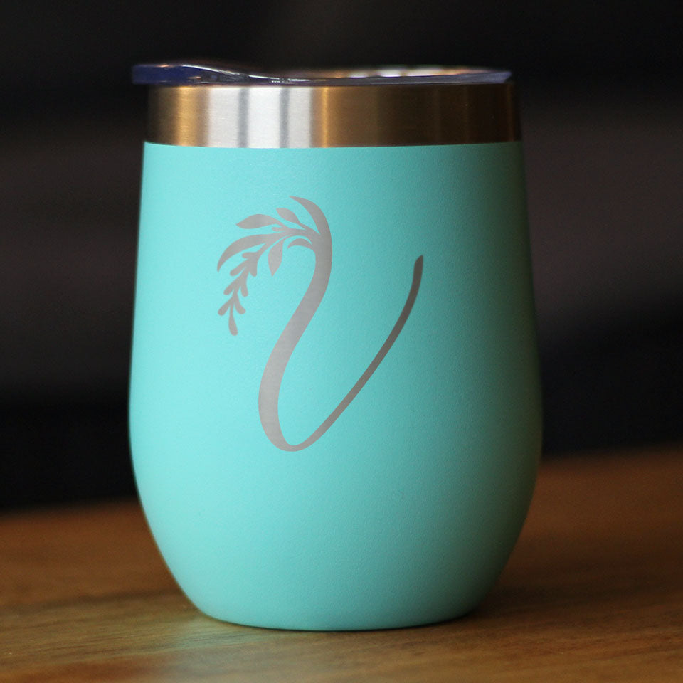 Monogram Floral Initial Letter V - Wine Tumbler