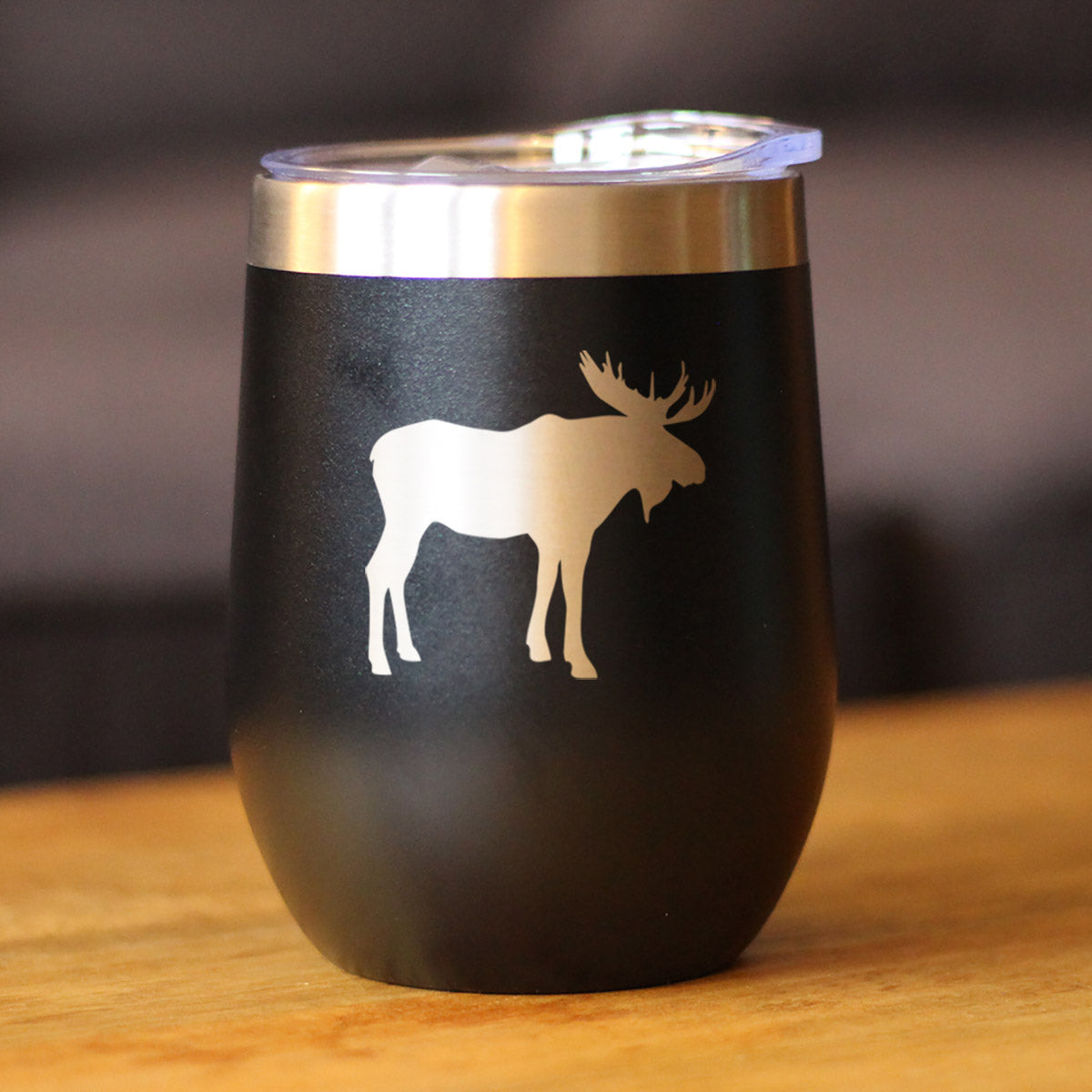 Moose Silhouette - Wine Tumbler with Sliding Lid - Stemless Stainless Steel Insulated Cup - Cute Outdoor Camping Mug