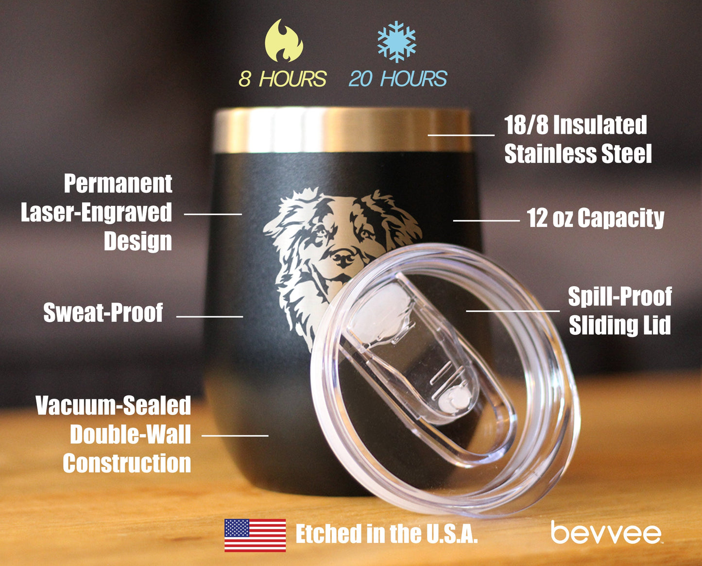Australian Shepherd Face - Wine Tumbler Glass with Sliding Lid - Stainless Steel Insulated Mug - Unique Dog Gifts for Moms & Dads of Aussies